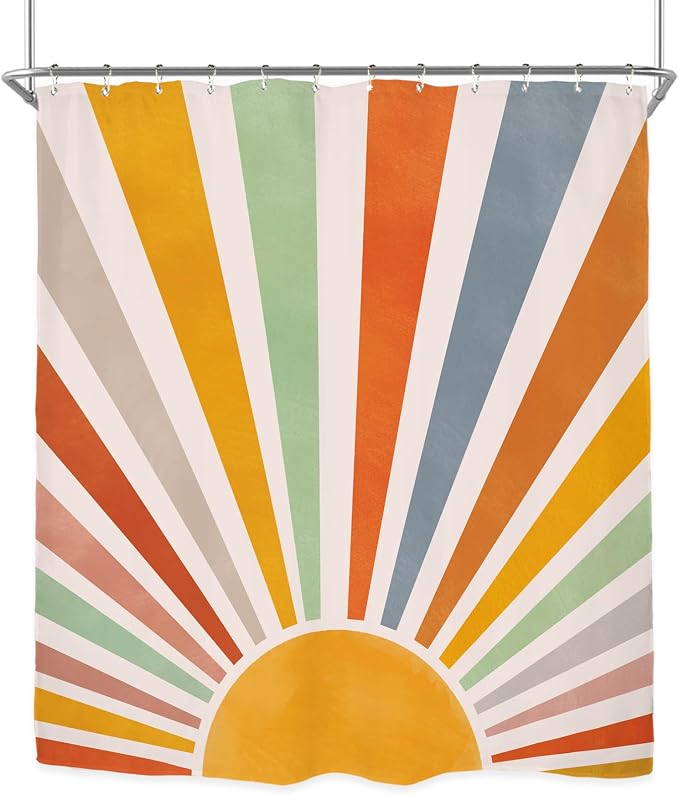 Miyotaa Colorful Sun Rainbow Retro Shower Curtain Set 60Wx71H Inches Minimalist Art Girls Abstract 70s Aesthetic Vintage Pastel Polyester Waterproof Cloth Bathroom Curtain with 12 Hooks