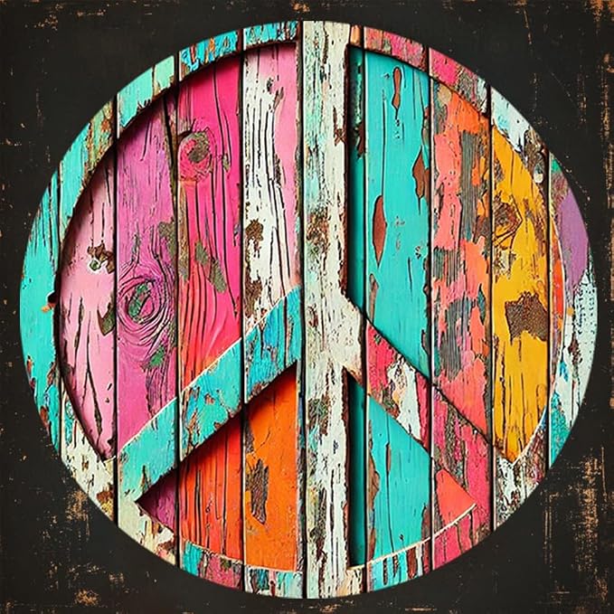Colorful Peace Symbol Round Aluminum Sign - Vibrant High-Definition Print, Weathered Wood Design, Easy to Hang,Decorative Wall ArtPerfect for Room Decor7.98x7.98Inches