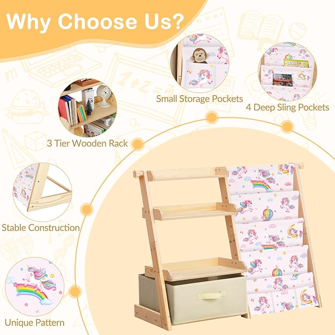 Kids Bookshelf and Toy Storage Organizer Wooden 2 in 1 Toddler Bookcase-4 Tier Book Shelf with Toy Box for Kids Room,Nursery,Playroom