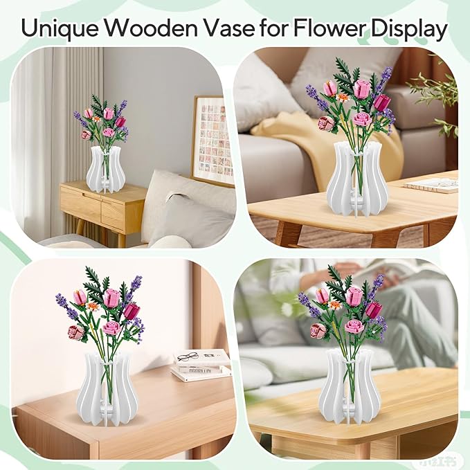 Wooden Vase for Lego Flowers - Wooden Vase for Lego Bouquet, Wood Vases Puzzle Set for LegoRoses Sunflower Tulips, Vases Kit for Artificial Bouquet Arrangement Home and Office Decoration (White)