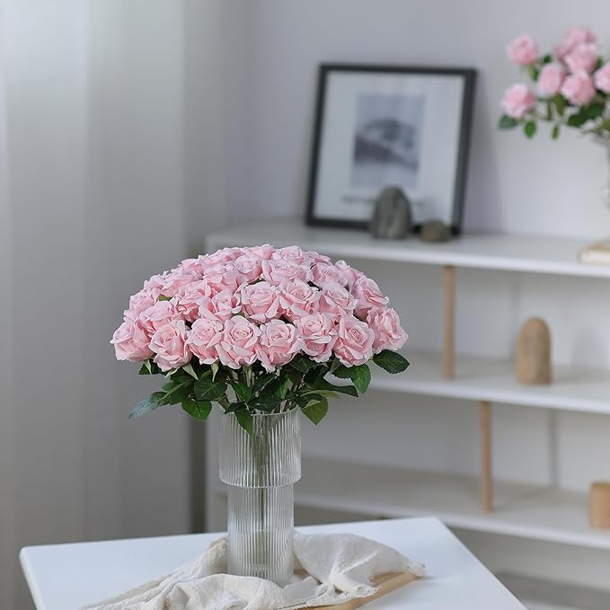 FOTEEWL 60 Pcs Artificial Rose Flower Realistic Faux Silk Roses Stem Fake Roses Bouquet for Flower Arrangement,Wedding Centerpieces,Party,Home Decorations (Pink)
