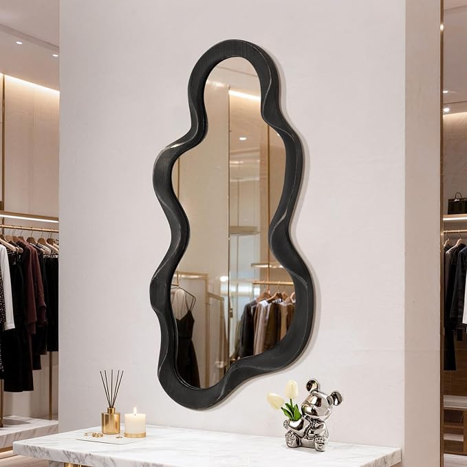Irregular Wooden Framed Wall Mirror Modern Asymmetrical Hanging Mirror Artistic Cloud Shape Wall Decor Bathroom Vanity Bedroom Living Room Entryway Hallway Large