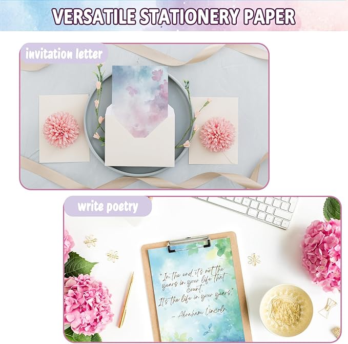 Tlenpo Watercolor Stationery Paper, 8.5 x 11In, 88 Sheets Double-Sided for Business or Personal Use - Decorative Scrapbook Writing Letters and Invitations, 100gsm