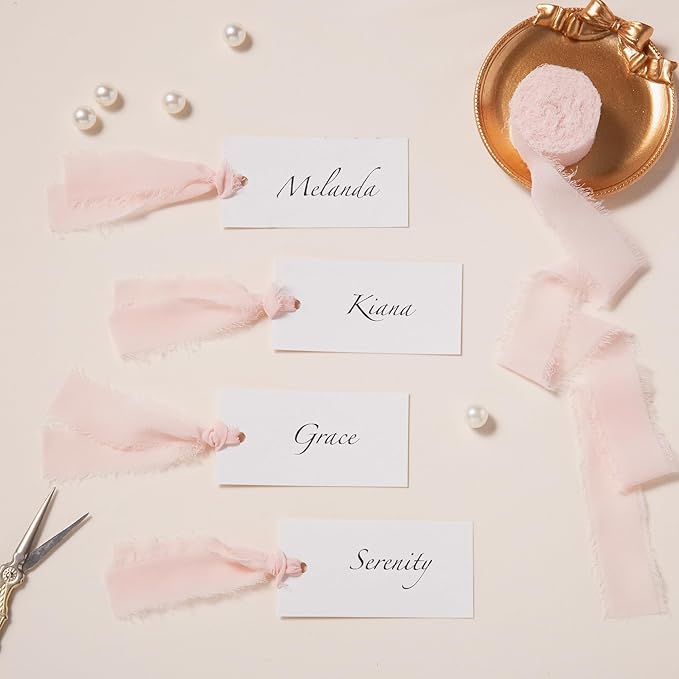 DORIS HOME Pink and Cream Chiffon Ribbon for Flower Bouquet, 1" x21Yd Fabric Ribbon for Gift Wrapping, Handmade Frayed Ribbon for Wedding Invitations/Christmas Decorations