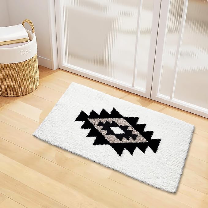 Boho Bath Rugs White Non Slip Washable Geometric Bath Mat Fluffy Soft Absorbent Bathroom Rugs for Bathroom Sink Shower Home Entryway Bohemian Farmhouse Decor 30"×20"