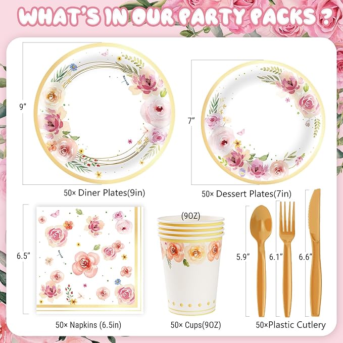 353PCS Floral Paper Plates and Napkins Party Supplies - Serves 50 Floral Decorations Include Plates, Cups, Napkins, Cutlery