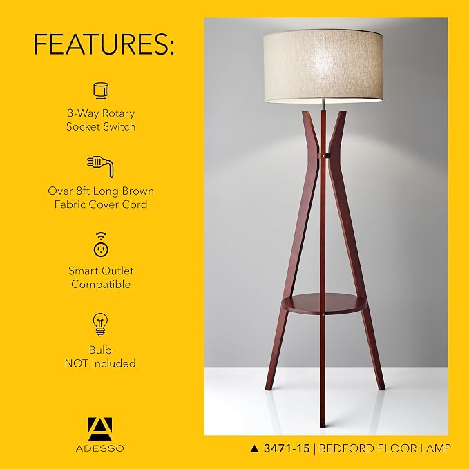 Adesso Floor Lamp with Walnut Wood and Oatmeal Linen Lampshade – 3-Way Adjustable Brightness, Lamp with Shelf for Bedroom, Living Room, and House Décor, 59.5” x 20”