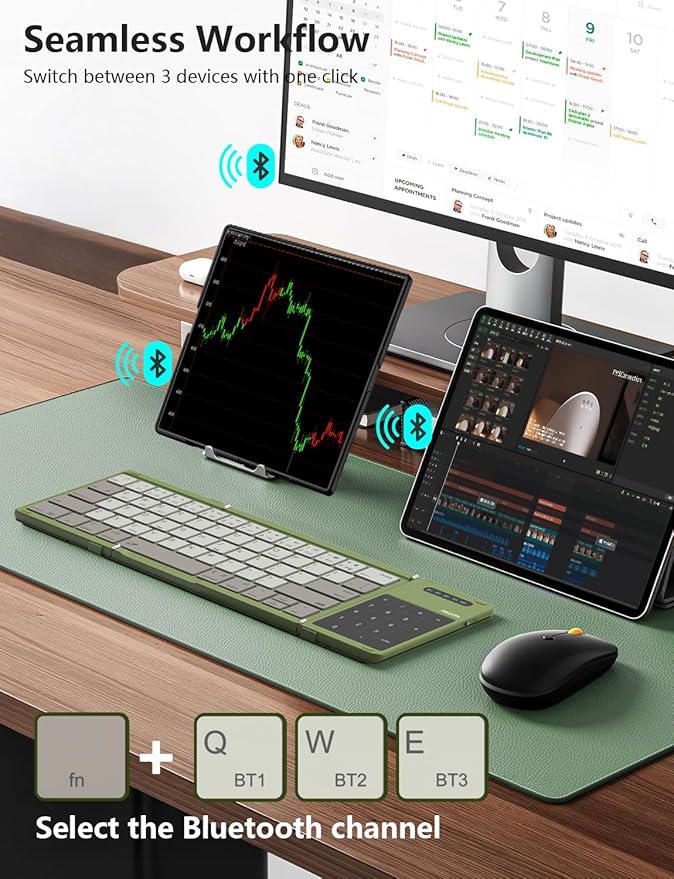 Nillkin Foldable Bluetooth Keyboard with Touchpad & Number Pad, Portable Bluetooth Keyboard with Full Size Keys, Pocket-Sized Wireless Travel Keyboards for iPad, Smartphone, Tablet and Laptop Green