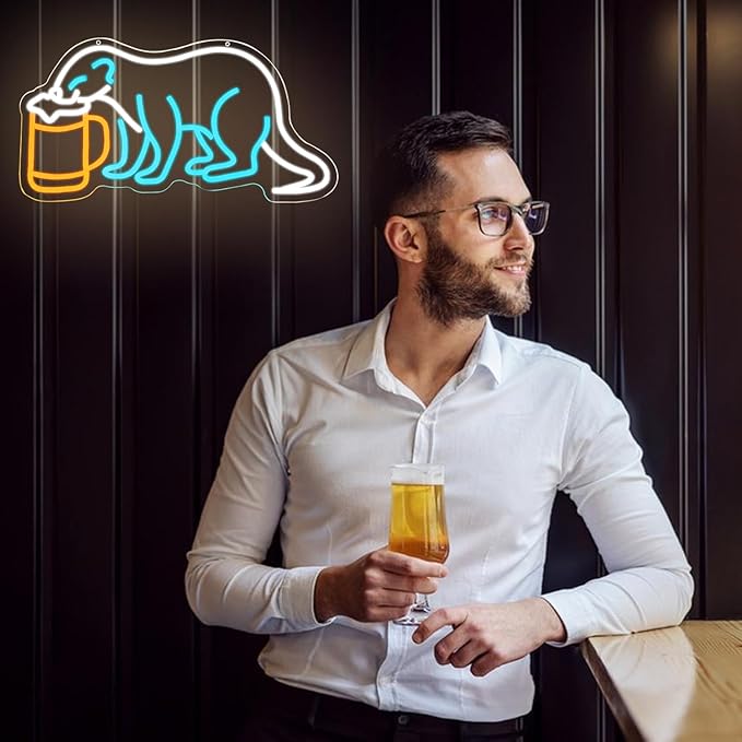 Ferret with Beer Neon Sign for Bar Wall Decor Beer Neon Lights Dimmable Ferret LED Light for Pub Decor Man Cave Decor Gift For Beer Lover