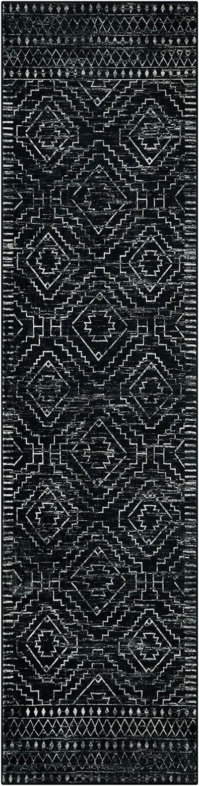 Wonnitar Washable Runner Rugs for Hallway 2'6"x10', Moroccan Non-Slip Black Long Kitchen Runner, Low Pile Boho Soft Carpet Runner for Entrance Living Room Entryway Bedroom (Black,2'6"x10')
