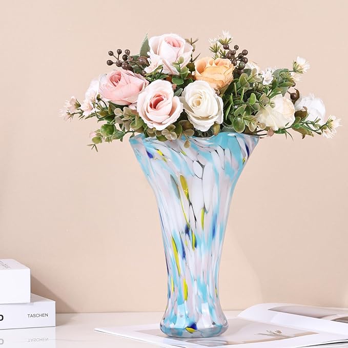 9.0" H Blue Glass Vases for Flowers, Unique Hand Blown Glass Vase Blue Home Decor, Wide Mouth Colorful Flower Vase Centerpieces, for Living Room Table Bookshelf, Bathroom Office Shelf Decorative