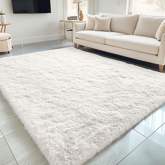 OLANLY 5x11 Machine Washable Large Area Rugs for Living Room, Bedroom, Soft Fluffy Shaggy Bedside Rug, Indoor Floor Carpet for Kids Girls and Boys, Dorms, Nursery, Home Decor Aesthetic, Ivory