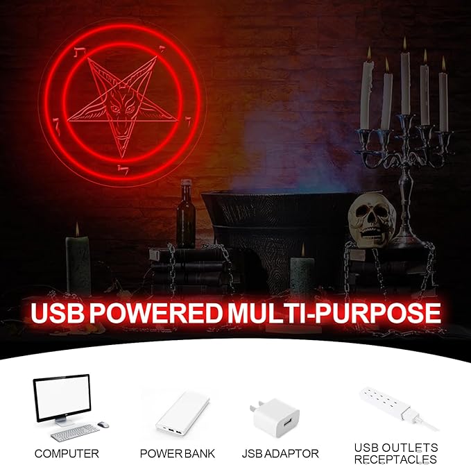 Pentagram Baphomet Satan Neon Sign, Gothic Baphomet Neon Light, Black Goat LED Sign, Gothic Home Decor Sign for Halloween Wall Art, 3D Engraved Neon Sign For Dorm College Party Christmas Gifts