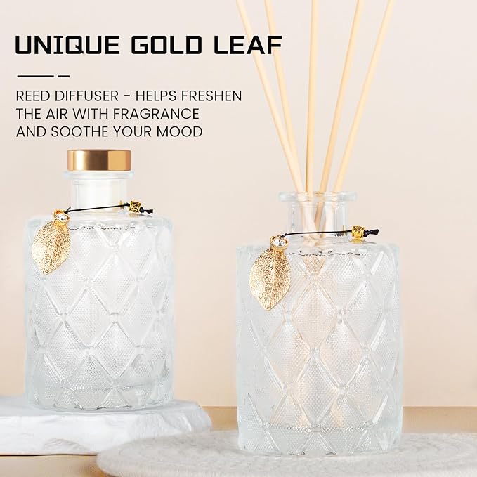 Glass Reed Diffusers Bottles for Home, Diffuser Bottles with 20PCS Reed Diffuser Sticks, Vintage Embossed Apothecary Style Flower Bud Vases with Cork Lids, Set of 3