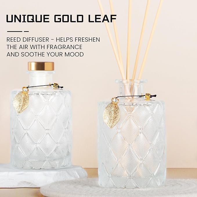 Glass Reed Diffusers Bottles for Home, Diffuser Bottles with 40PCS Reed Diffuser Sticks, Vintage Embossed Apothecary Style Flower Bud Vases with Cork Lids, Set of 6