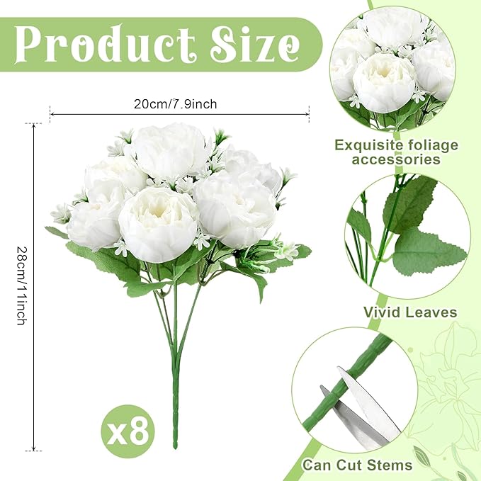 8 Pack White Peonies Artificial Flowers, Fake Silk Hydrangea Bouquet for Bridal Wedding Home Table Decor Reusable Dining Opening Ceremony Birthday Arrangement Faux Floral