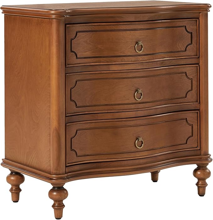 HULALA HOME Traditional Side Table with 3 Drawers, Tall Side Table with Curved Front Profle Desgin, Charging Station, Solid Wood Legs, Walnut