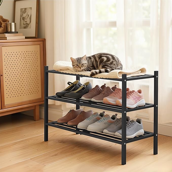 Smiry Bamboo Shoe Rack 3-Tier, Stackable Wooden Shoe Organizer for Entryway & Closet, Free Standing Wood Shoe Storage Shelf for Front Door & Small Spaces, Black
