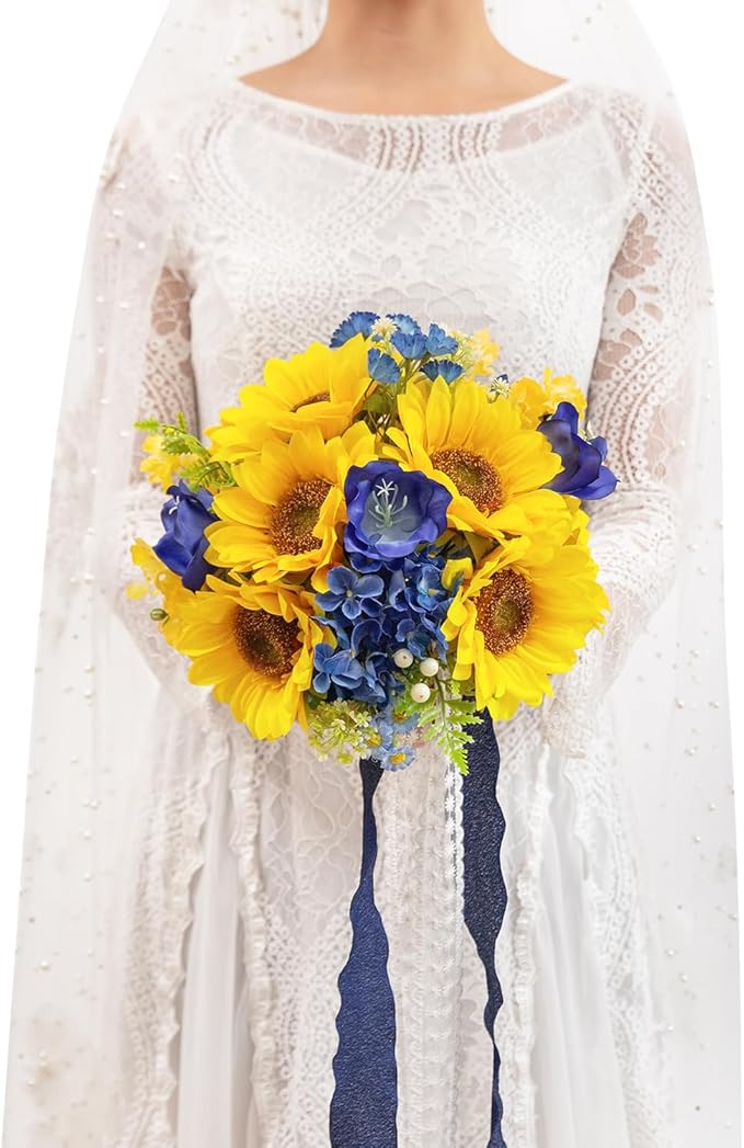 TINGE TIME 9 inch Bridal Bouquets for Bride, Artificial Silk Flowers Tossing Bouquet, Bride Bouquets for Wedding, Ceremony, Anniversary (Sunflower&RoyalBlue)