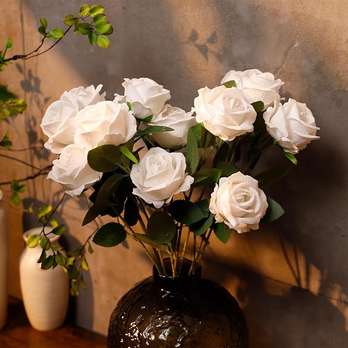 12 Pcs Artificial Rose Flowers, Silk Roses with Long Stems, Realistic Fake Roses for Wedding Centerpiece Party Home and Office DIY Decor, White
