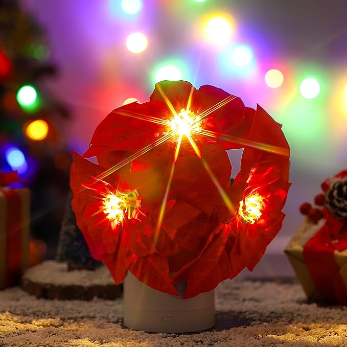 WSYEAR Red Poinsettias Artificial Christmas Flowers Lamp - Holiday Decorations and Ornaments for Xmas, New Year, Wedding Party, Seasonal Decor