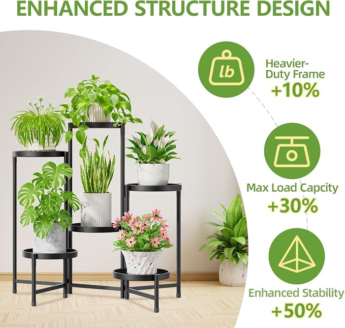 iDavosic.ly 6 Tier Large Plant Stand Indoor with 10 Inch Wide Tray, Tiered Corner Metal Outdoor Flower Display Holder Shelf, Folding Tall Rack for Patio Porch Living Room, Modern Black