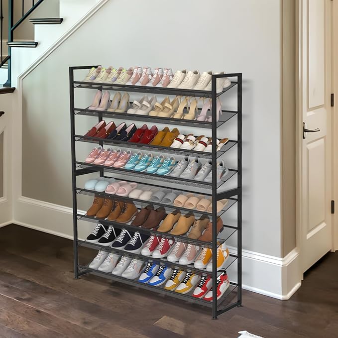 NEYCIL Large Shoe Rack 8 Tier Shoe Organizer, Heavy Duty Metal 4-Tier Stackable Shoe Storage Vertical Shoe Rack for Closet Front Door Entrance, Up to 50 Pairs, 44.8" W x 11.4" D x 56.7" H, Black