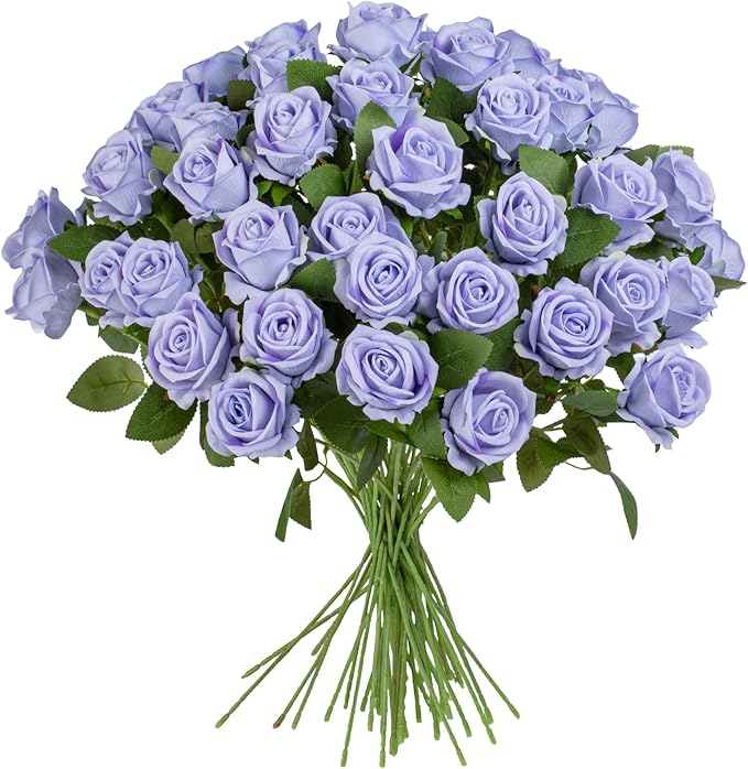 Fake Plants Roses Flowers Plastic Flowers Spring Decorations for Home Gifts for Gf Roses Artificial Flowers for Vase Fake Flowers Home Decor 19.6"(Light Purple 50PCS)