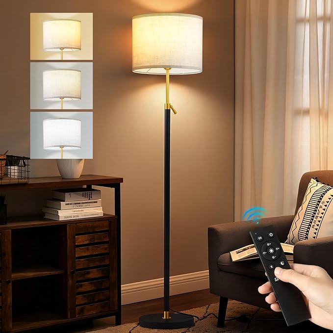 Floor Lamp for Living Room and Bedroom - 55"- 67" Height Adjustable Standing Lamp with 3 Color Dimmable 12W LED Bulb and Remote - Tall Stand Light with Shade for Corner Lighting ( Black & Gold )