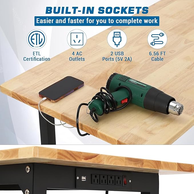 TrailBlaze 60"x24" Workbench, Heavy Duty Rubber Wood Top Workbench with Pegboard Hooks & Power Outlet & 4 Lockable Wheels, Adjustable Height Work Table for Home Garage Workshop - 2000lbs Load Capacity