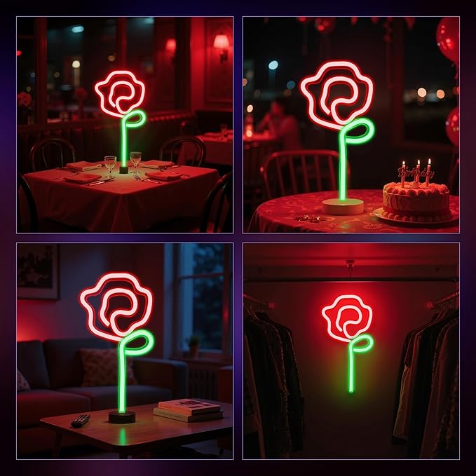 Rose Neon Sign - Red rose Flower with Green Stem Neon Art Wall Decor USB or 3-AA Battery Powered Operated for Girls Bedroom Birthday Gift Party Wedding Rose Lights for Bedroom (Red)