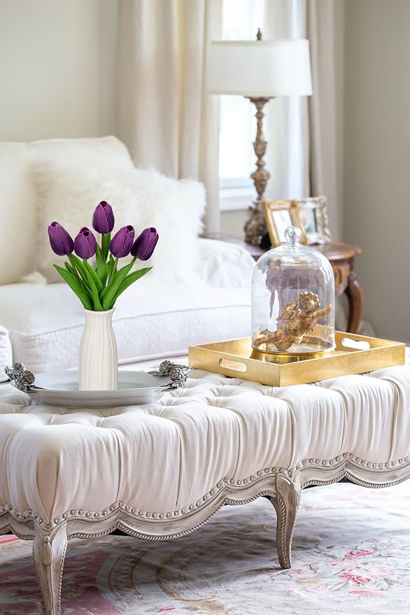 Briful 2 Packs Faux Flowers Artificial Tulips with Ceramic Vase, Poly Foam Purple Tulips Real Touch Flower Arrangement for Home Kitchen Wedding Centerpiece Decoration