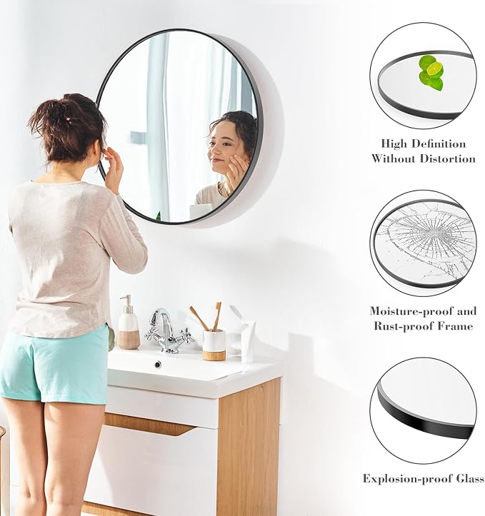 NEWBULIG Round Bathroom Mirror for Over Sink, 28 Inch Wall Mount Vanity Circle Mirror with Matte Metal Framed, Decor for Bathroom, Entryway, Bedroom, Black