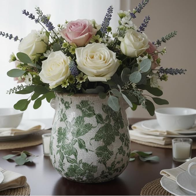 Vintage Green and White Ceramic Floral Vase Planter, Rustic Crackle Glaze Pottery Jar, Hand-Painted Floral Pot Design for Flowers or Plants, Farmhouse & Cottage Home Decor Accent