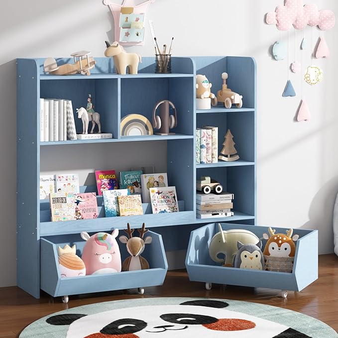 Bookshelf Toy Storage Organizer, Kids Bookshelf and Cabinet for Boys and Girls, Muti-Functional Kids Display Bookcase and Storage Bin with Moveable Drawers for Children Nursery Room
