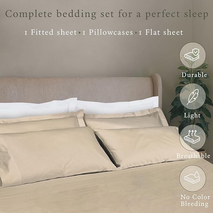 Threadmill - Twin XL Sheets Set Soft 100% Cotton Cooling Sheets Deep Pocket Snug Fit Elastic, 500 Thread Count, 3-Pc, Hotel Quality Bed Sheets, Beats Egyptian Cotton Claim (Beige)
