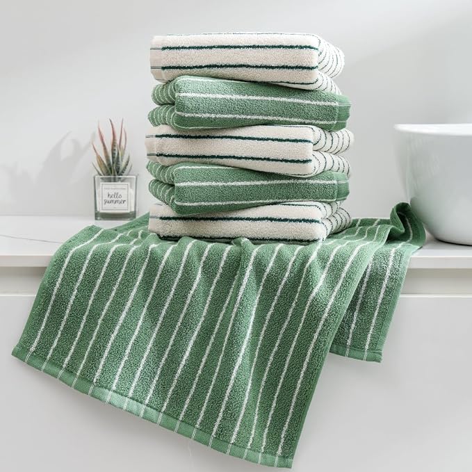 Green Stripe Towels Set of 6，Ultra-Absorbent & Quick-Drying Bathroom Hand Towels 100% Cotton Face Towels, Soft Hand Towels for Bathroom，13” x 29”