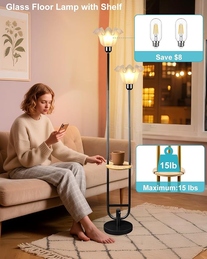 Flower Floor Lamps with Table, 2-Lights Floral Floor Lamp Dimmable, 3000K Warmwhite Modern Floor Lamp, Vintage Black Standing Lamp with 5Lbs Heavy Base for Living Room Bedroom Girls Room