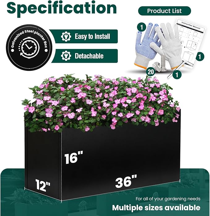 Black Planter Box Galvanized Steel Metal Planter Rectangular Indoor Large Outdoor Planters Steel Metallic Heavy Flower Pot 36In x 12In x 16In Commercial Residential for Patio, Backyard, Garden