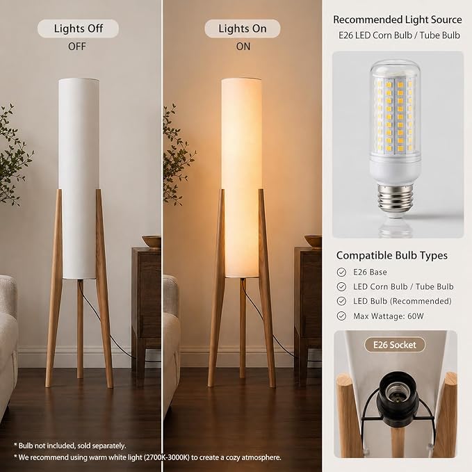 MIXL-Tripod Wooden Tall Floor Lamp,Fabric Drum Shade Corner Standing Lamp,Farmhouse Style Floor Light for Nursery and Study Room