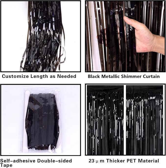 2 Pack 3.2ft x 8.2ft Black Tinsel Foil Fringe Curtains, Metallic Foil Tinsel Photo Booth Backdrop Streamer for New Years Decorations Halloween Bachelorette Birthday Holiday Celebration Party Supplies