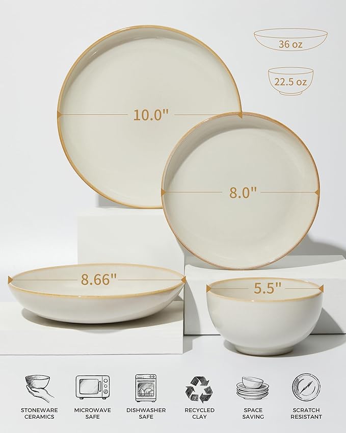 Pokini 32 Piece Double Bowl Dinnerware Sets with Pasta Bowls, Highly Chip and Crack Resistant Plates and Bowls Sets, Natural Earthyware Ceramic Dishware Sets, Service for 8 Yellow White