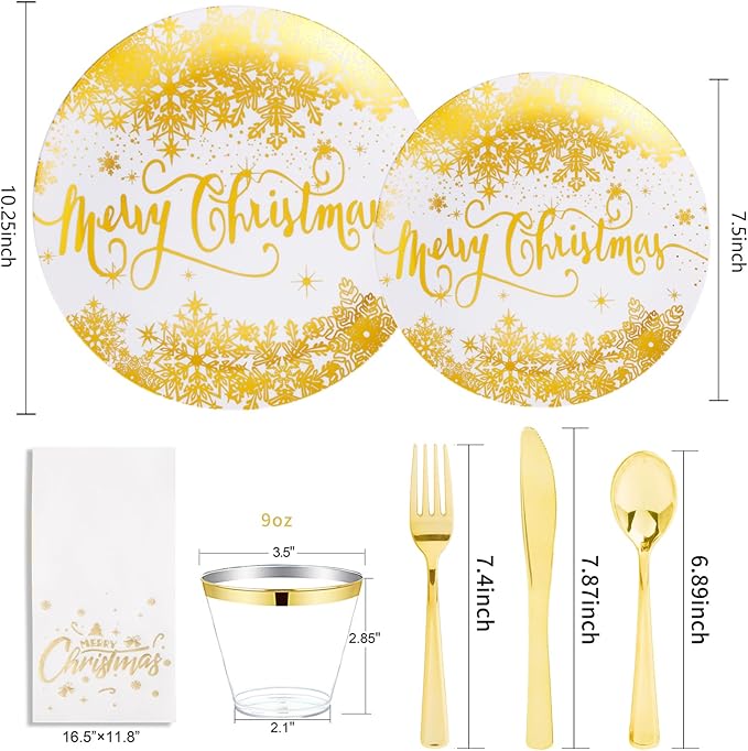 DaYammi 175Pcs Christmas Gold Plastic Dinnerware Set, 50Pcs Heavyduty Disposable Party Plates,Fancy Snowflake Design, 75Pcs Gold Plastic Cutlery,25Pcs 9oz gold Cups,25Pcs Napkins Perfect for Christmas