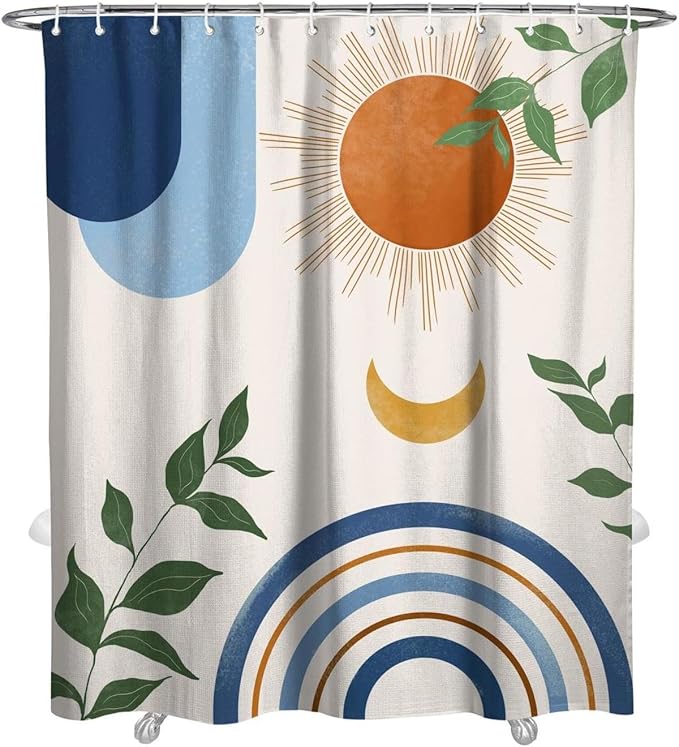 Mid Century Abstract Boho Aesthetic Shower Curtain Set, Blue Nature Leaf Sun Modern Minimalist Home Bathroom Curtain Decor with 12 Hooks 72 Inch Wide * 84 Inch High