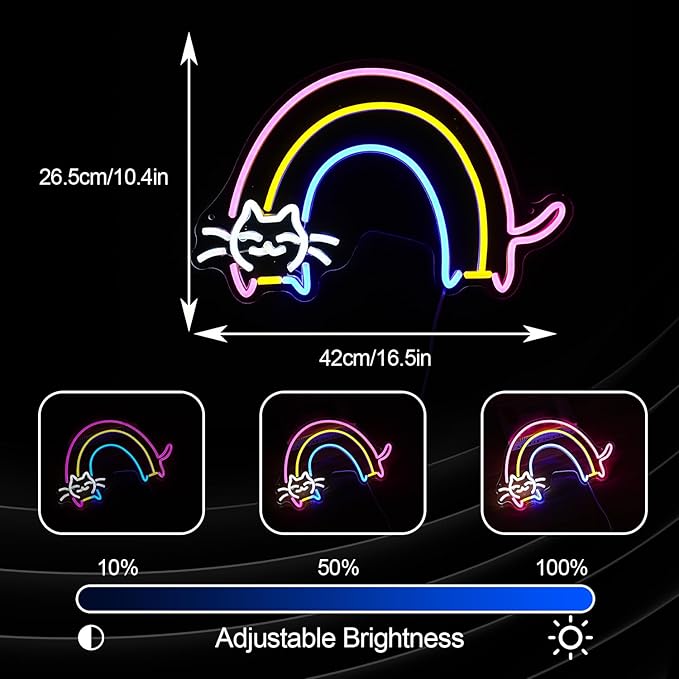 Rainbow Cat Neon Sign Cute Cat Led Light Up Sign Powered by USB Dimmable Colorful Rainbow Neon Light for Bedroom Kids Room Cat Cafe Bar Man Cave Wall Decor