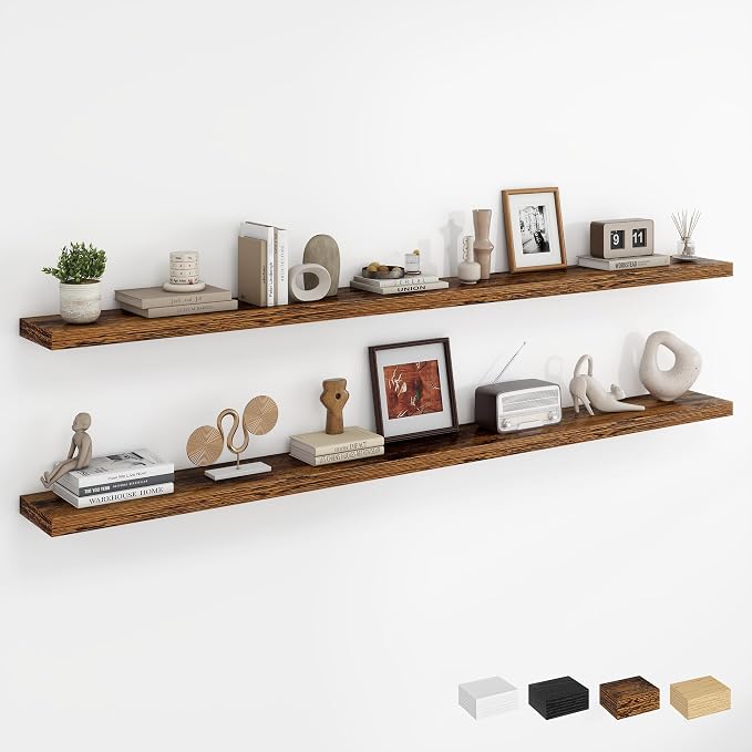Dreamland 72Inch Floating Shelves for Wall, Rustic Wooden Storage Shelf for Living Room, Kitchen, Farmhouse, Wall Mounted Display Shelving with Invisible Heavy-Duty Metal Bracket, Set of 2 - Brown