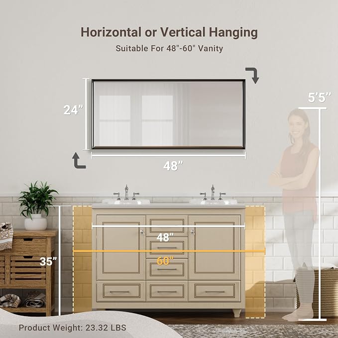 48 x 24 Black Framed Mirror for Bathroom, Beveled Black Bathroom Vanity Mirror Anti-Rust, Shatterproof Matte Black Rectangle Metal Frame Mirror, Vertical/Horizontal Large Wall-Mounted Mirrors