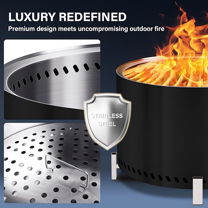 HGD 28" Smokeless Firepit with Stand, Stainless Steel Wood Burning Fire Pit for Friends & Family Gatherings, Secondary Combustion Outdoor Patio Stove for Garden BBQ & Bonfire (Black)