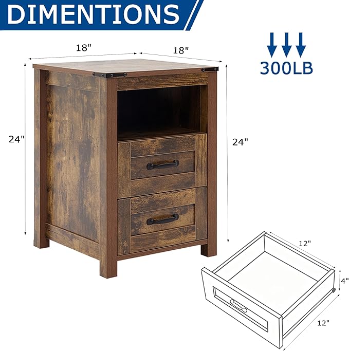 Farmhouse Night Stand, Rustic Brown Nightstand for Bedroom, End Tables Without Charging Station, Bedside Table with Drawers, Wood Bedside Cabinet Dresser