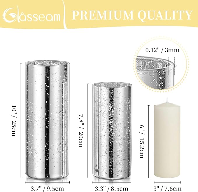 Silver Mercury Glass Cylinder Vase: Set of 12 Glasseam Floating Candle Vases for Centerpieces Deocrative Modern Vase for Flowers Hurricane Pillar Candle Holders for Table Centerpiece Wedding Decor
